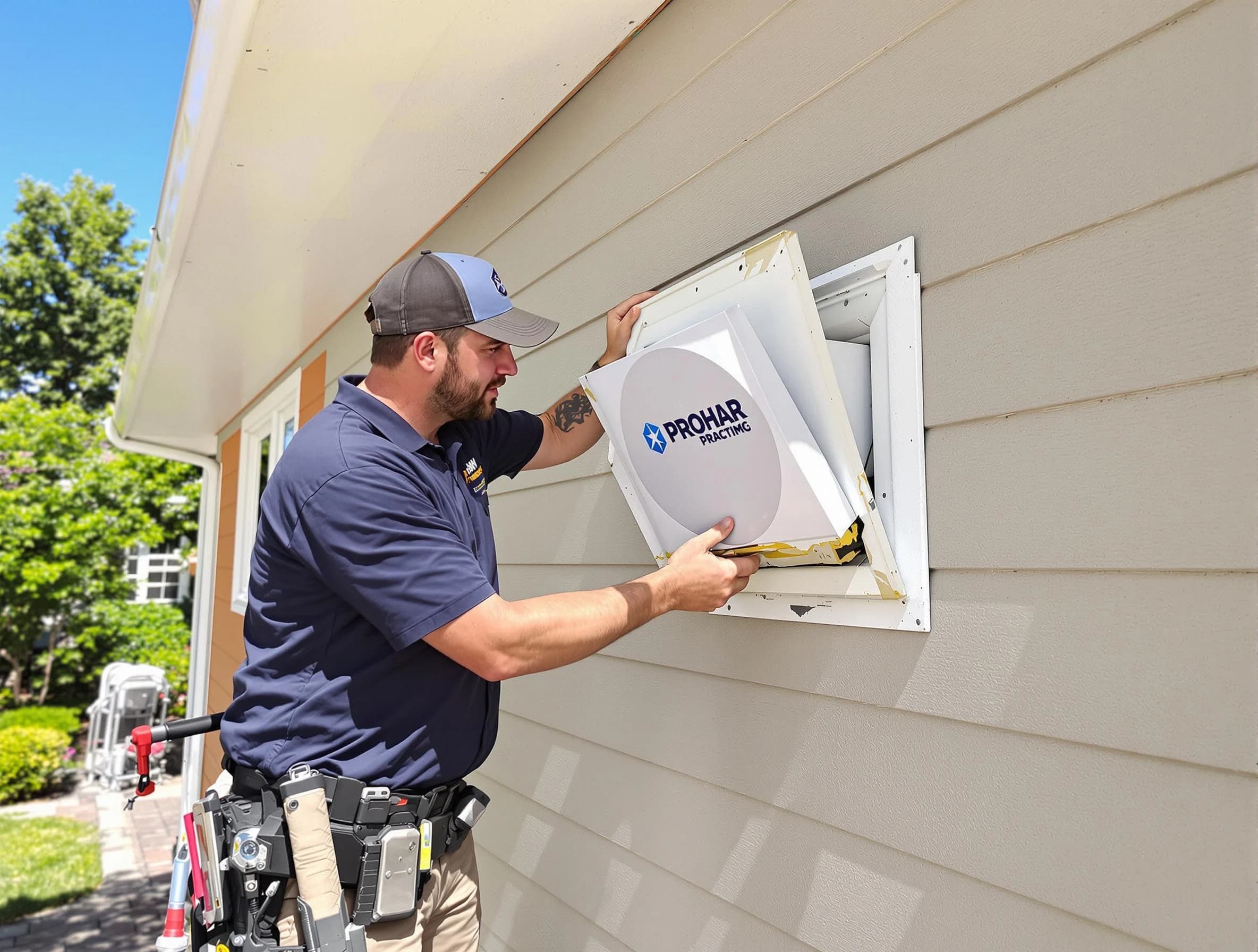 Fruit Heights Dryer Vent Cleaning technician installing a new protective dryer vent cover on a home in Fruit Heights