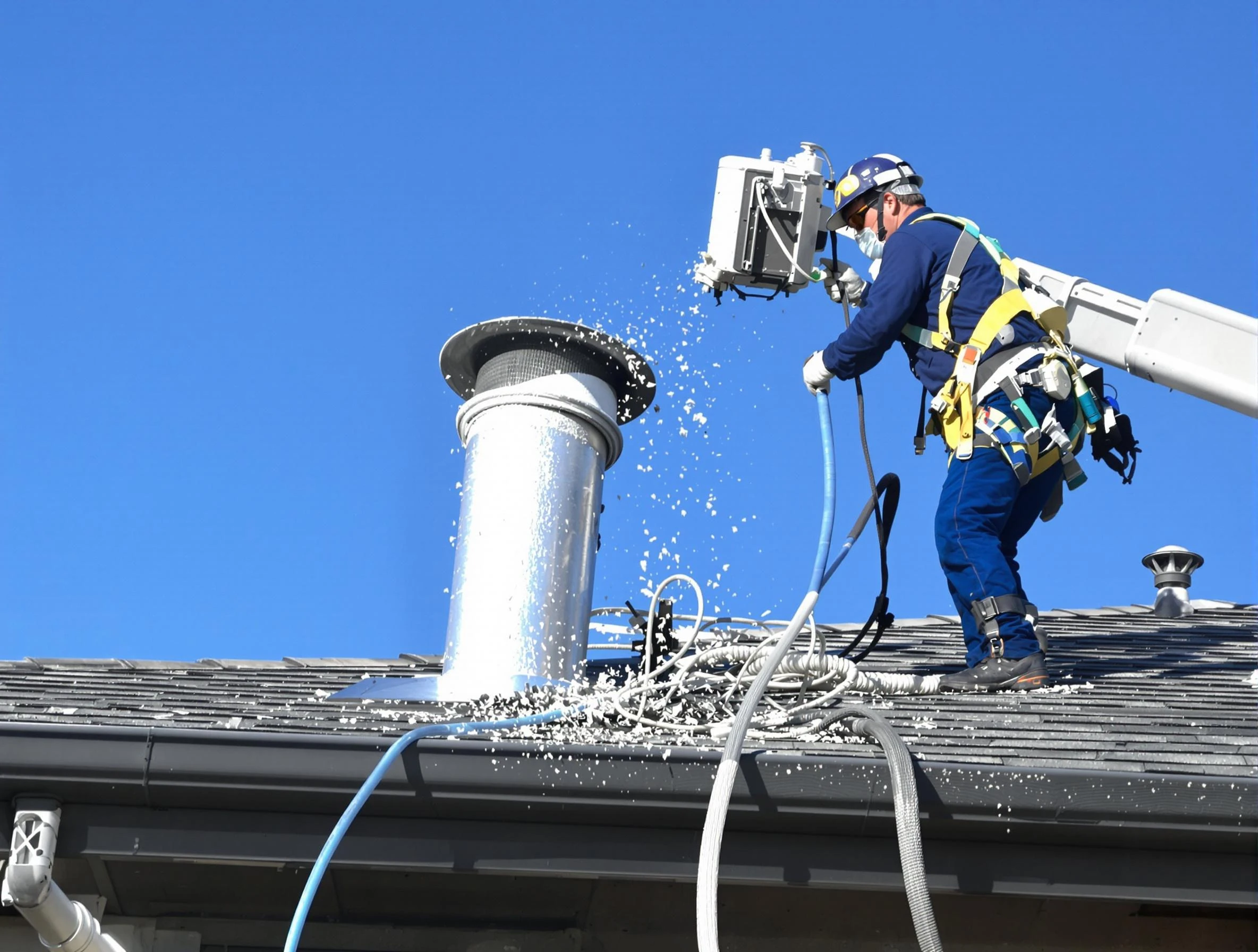 Fruit Heights Dryer Vent Cleaning certified technician safely cleaning a roof-mounted dryer vent in Fruit Heights